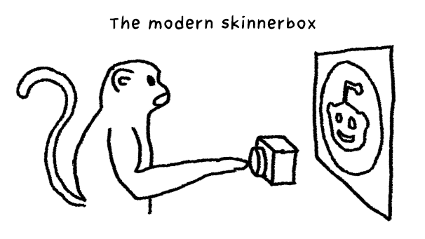 An image of a monkey in a skinnerbox, with Reddit acting as the reward stimuli